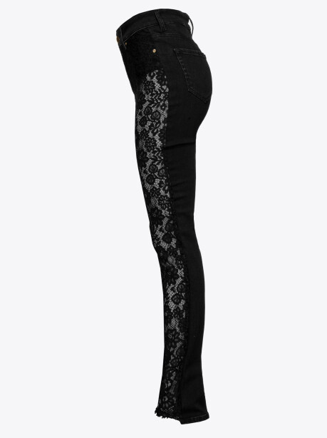 Pantaloni skinny in denim black con pizzo floreale - 3